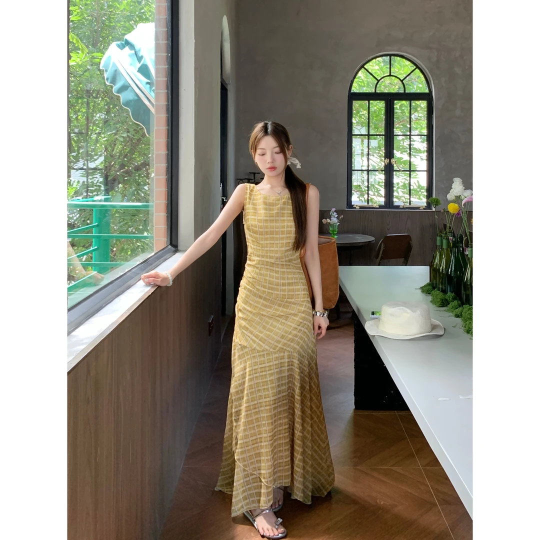 【叶轻舟】复古格纹无袖连衣裙女夏季雪纺印花背心长裙裙子 Y2677