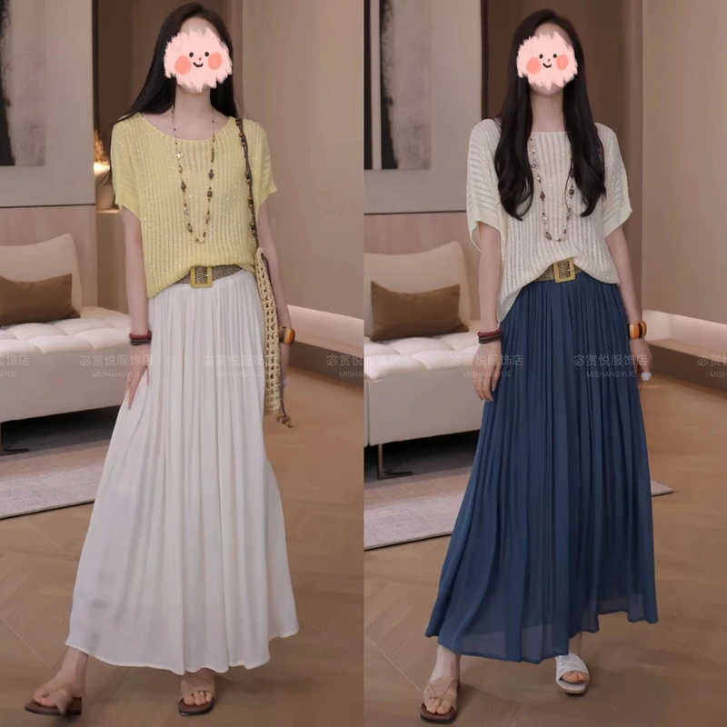 时尚百搭夏季时尚洋气蝙蝠袖针织衫+百褶半身裙两件套显瘦套装女