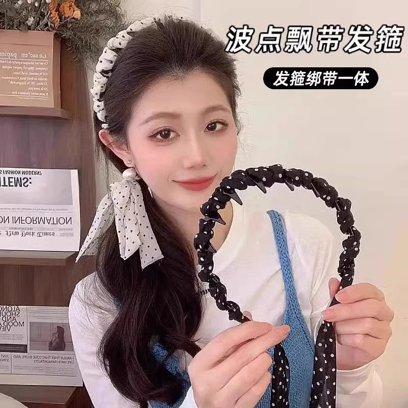 波点飘带发箍女2025新款高颅顶头箍一体式绑头发带甜美发卡子头饰