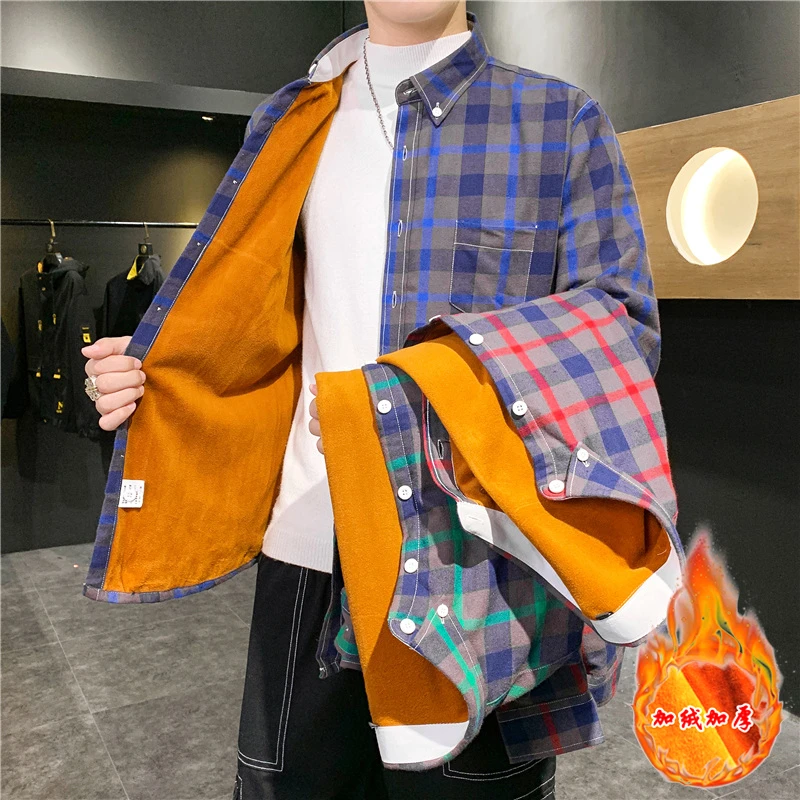 男士纯棉加绒冬季格子长袖衬衫宽松潮流工装风翻领帅气青少年衬衣