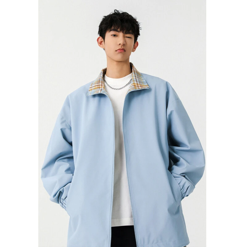 美式潮牌撞色格子拼接立领夹克男女春季情侣宽松百搭下摆抽绳外套