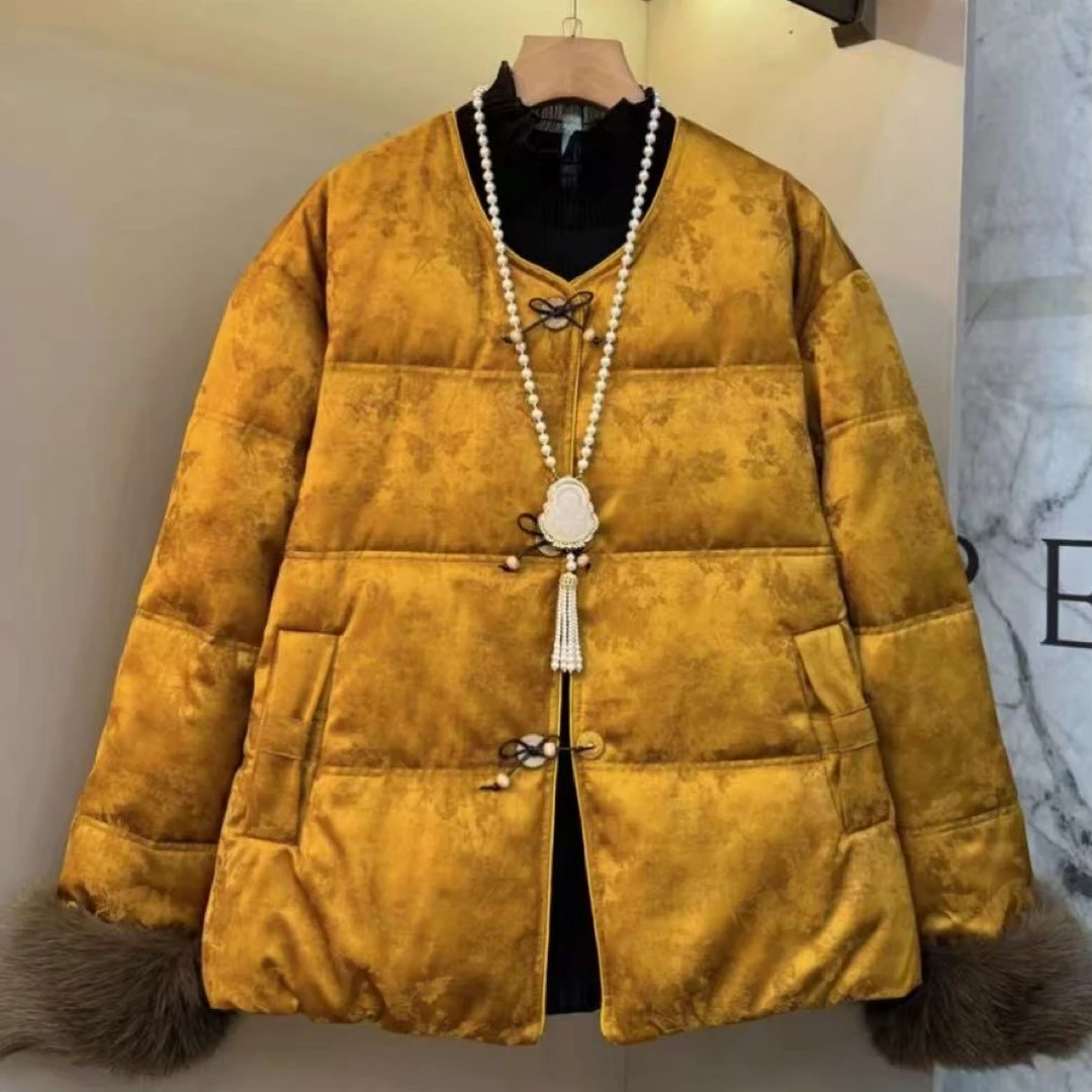 胖胖家*2567新款国风拼接毛毛圆领棉服外套