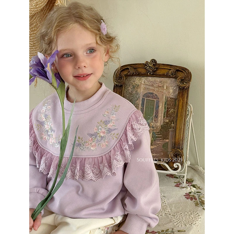 【小王专属】女童卫衣法式蕾丝刺绣花边女童荷叶边刺绣卫衣TSQ-002