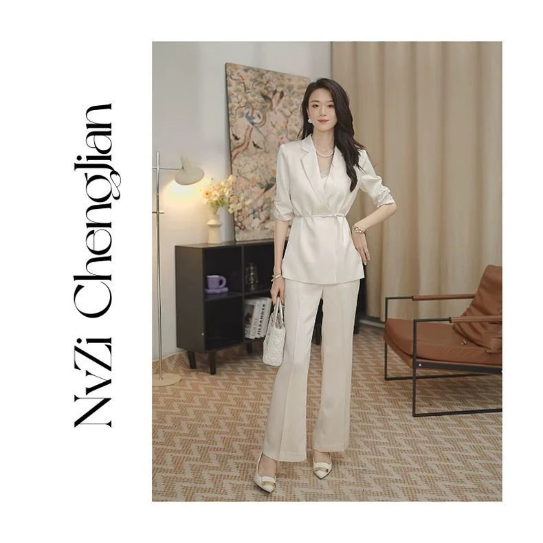 时尚显瘦夏季薄款干练气质职业套裤女白色高级感西装套装2024