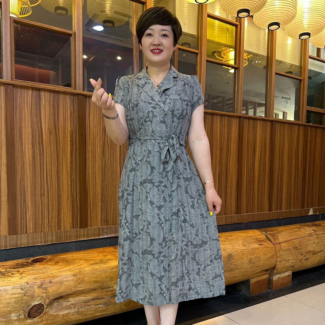 959妈妈装连衣裙拼接印花套头不褪色夏季连衣裙修身中长款遮肉