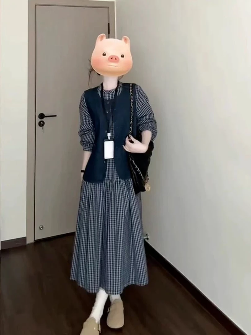 大码女装早秋新款秋季马甲搭配格子连衣裙外出穿搭套装