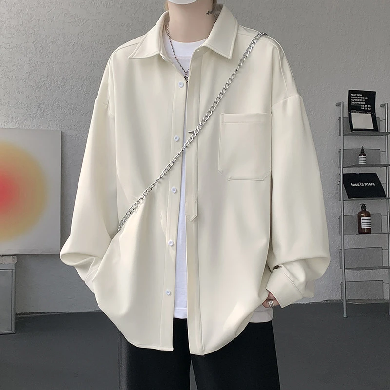 男士2025秋季新款潮流纯色简约翻领日常宽松百搭休闲长袖衬衫外套