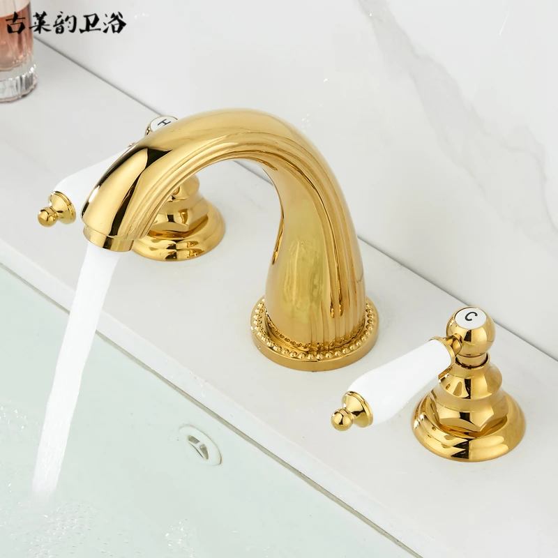 欧式全铜三孔水龙头冷热双把分体式面盆洗脸盆台盆三件套法式金色