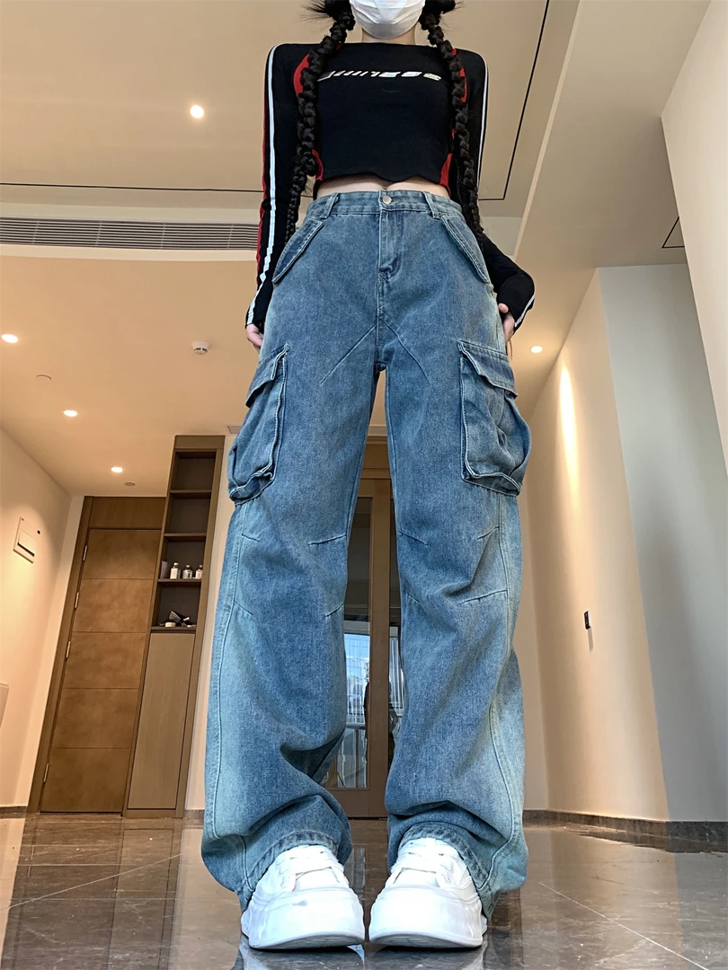 小众个性口袋设计重工牛仔裤女2025春季新款水洗做旧高腰工装长裤