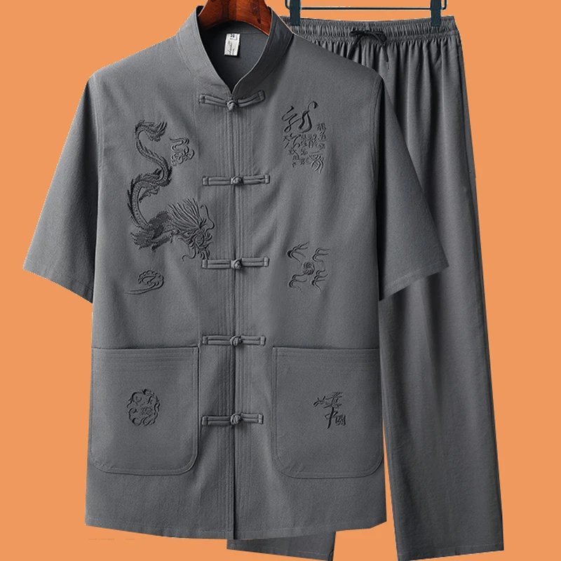 夏季唐装男短袖中老年中国风爸爸装套装中式父亲冰丝老人爷爷衣服