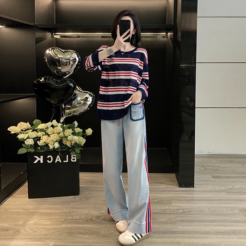 秋季流行穿搭一整套女洋气减龄条纹宽松长袖T恤阔腿牛仔裤两件套