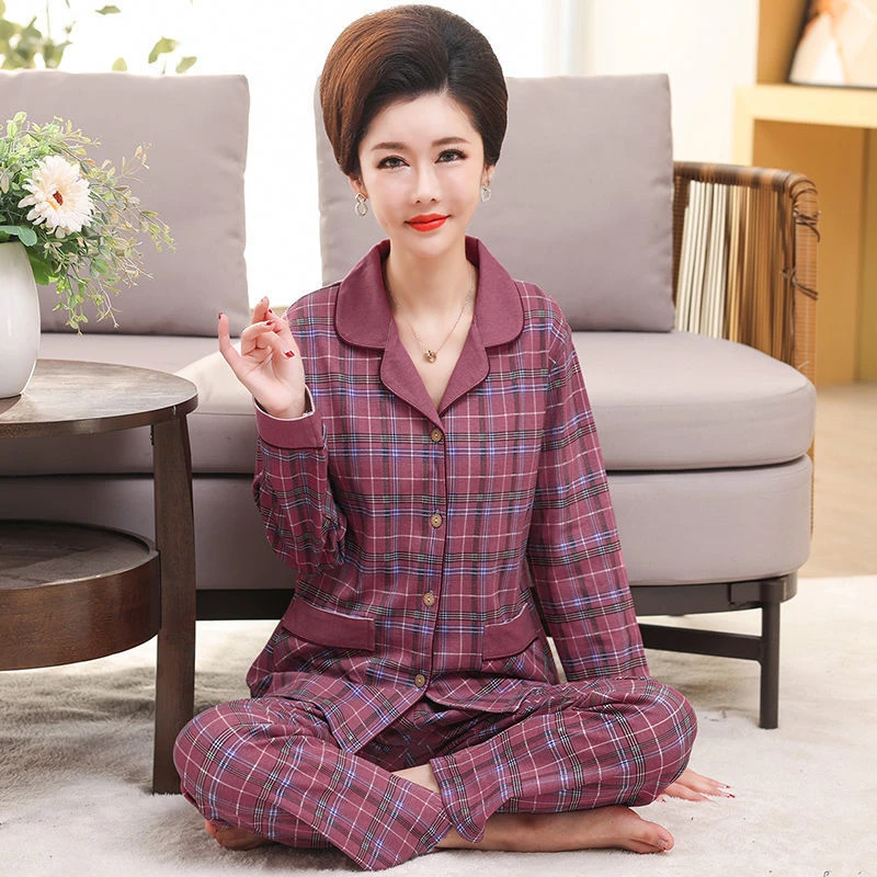 100%纯棉睡衣女士春秋季长袖大码开衫中年妈妈套装中老年人家居服