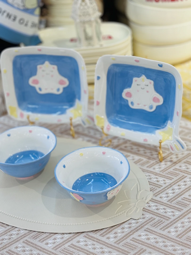 梦幻独角兽儿童陶瓷餐具四件套，2个方盘+2个奶茶碗