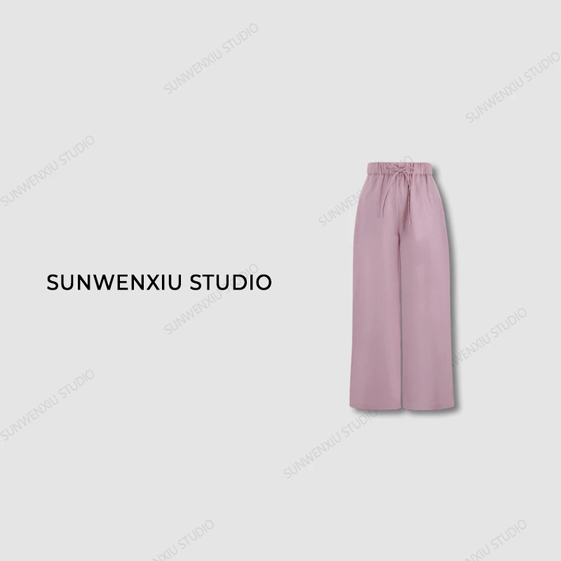 swx studio3店 “粉红夏天”100%亚麻极简风直筒松紧腰休闲裤