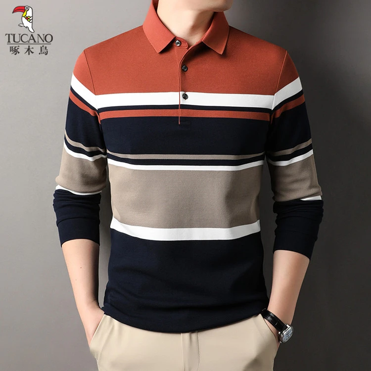1啄木鸟Polo衫长袖春秋上衣时尚男装春季男士细条POLO衫宽松休闲