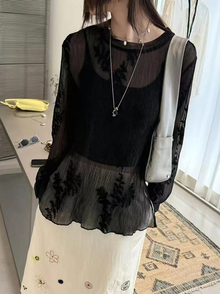 圆领夏季防晒刺绣蕾丝碎花衬衫雪纺衫洋气宽松小衫针织打底