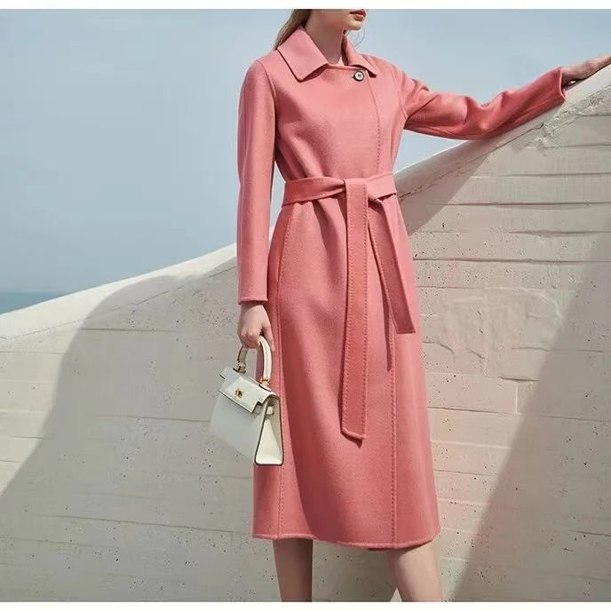 粉色时尚年轻双面羊绒大衣女中长款高端赫本风系带修身羊毛呢外套