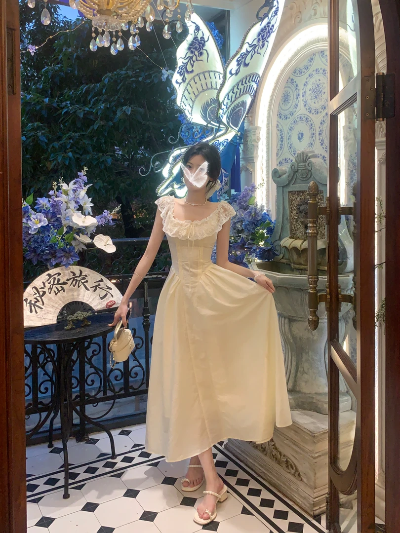 白水女【蕾丝绮梦】蝴蝶夏季长裙显瘦连衣裙优雅复古仙气B50551303