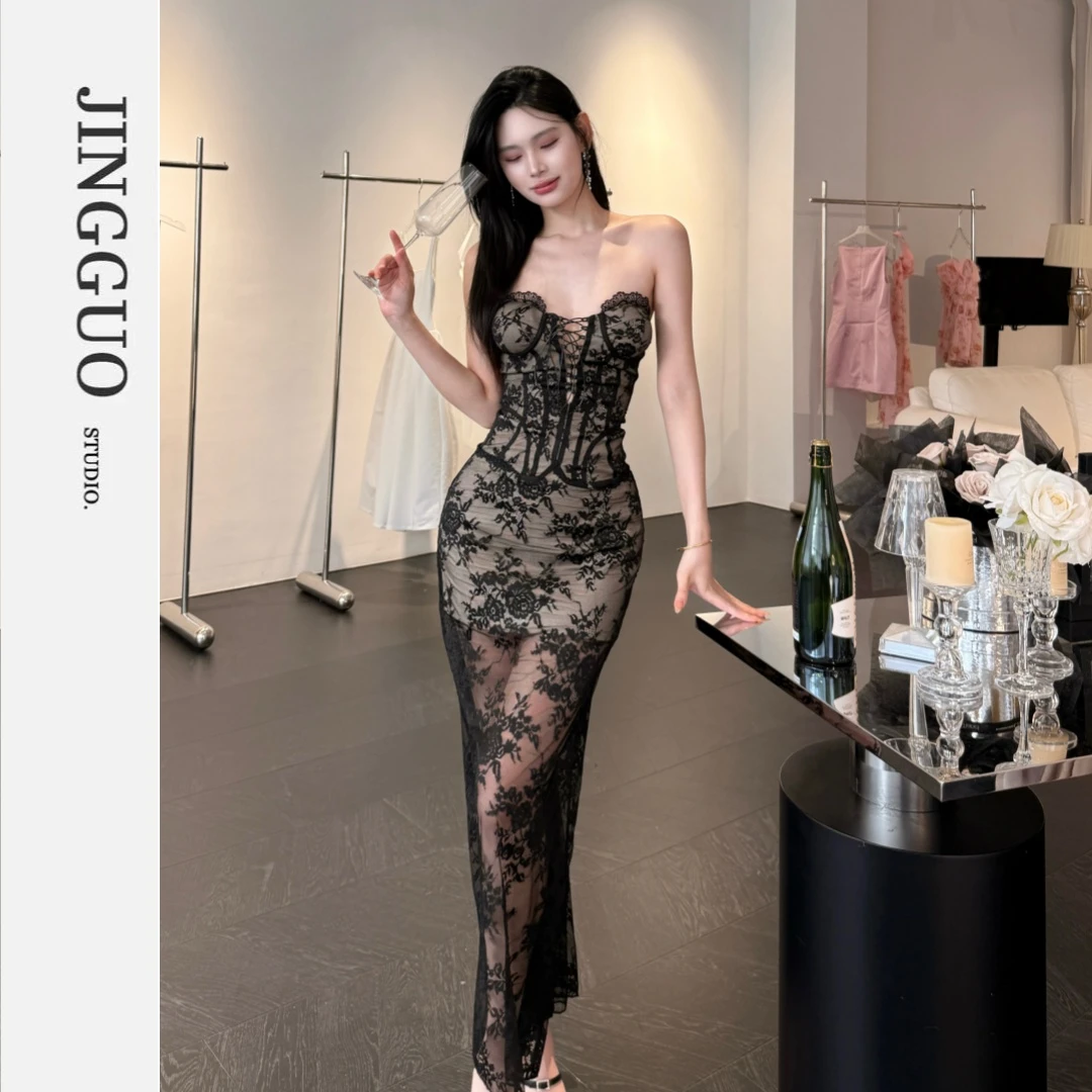 【JINGGUO轻奢】小众设计感法式性感辣妹纯欲蕾丝抹胸连衣裙7387