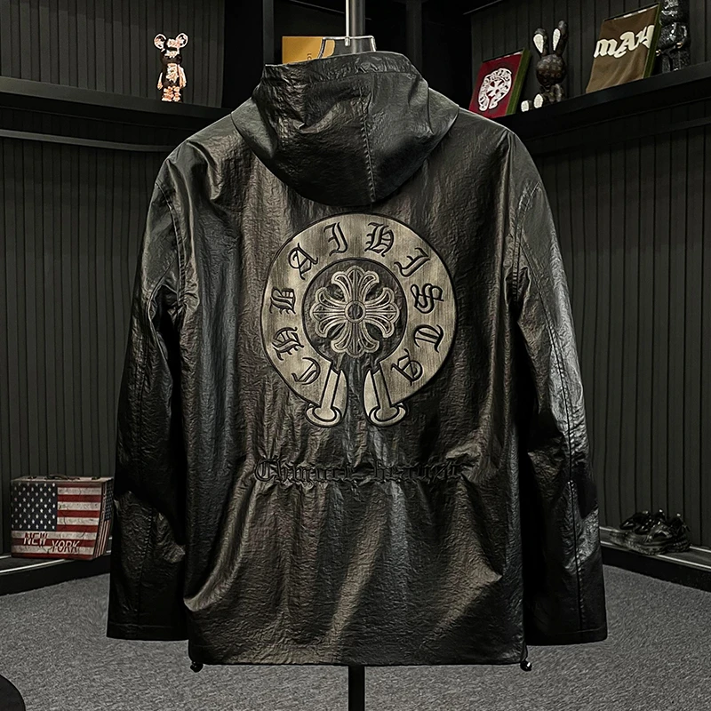 【轻奢男装】JK2015春季新款上新潮流刺绣气质连帽皮衣复古宽松