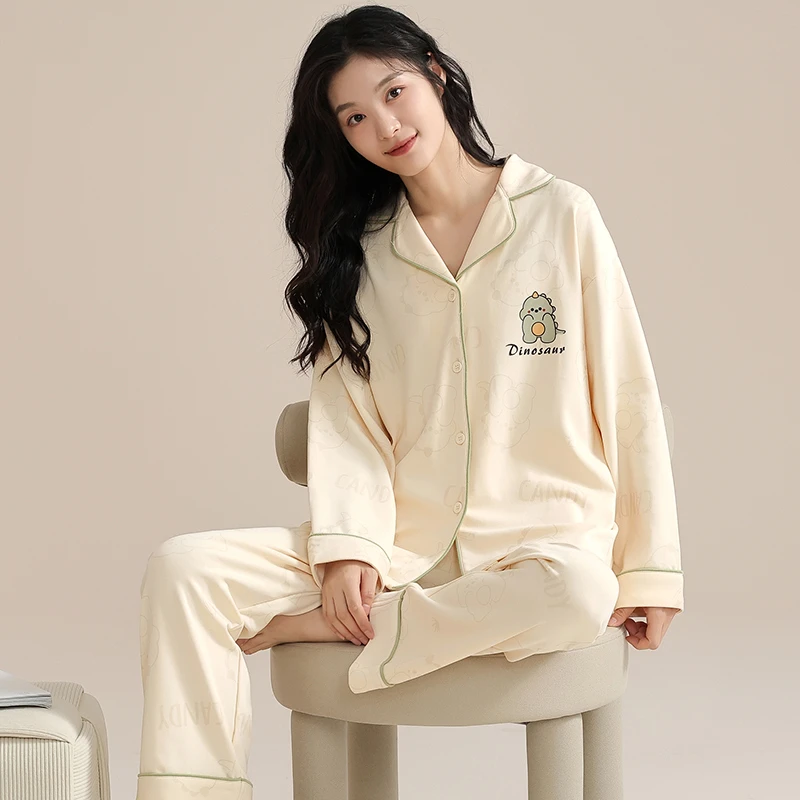 2025年春季款睡衣女春秋款长袖棉质小恐龙浅色可外穿大码家居服