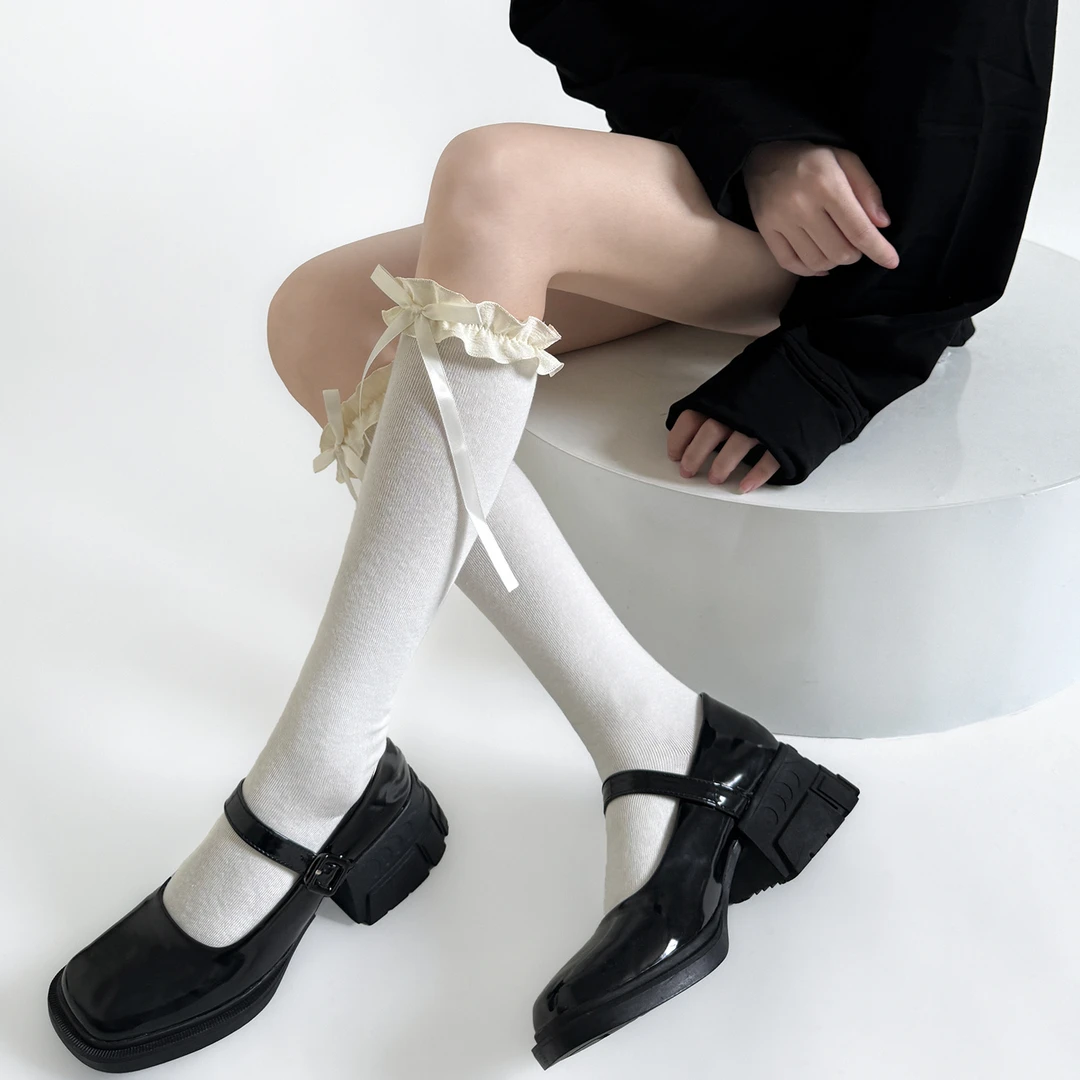 夏季薄款袜子女士洛丽塔蝴蝶结花边长筒袜女黑色甜美蕾丝小腿袜