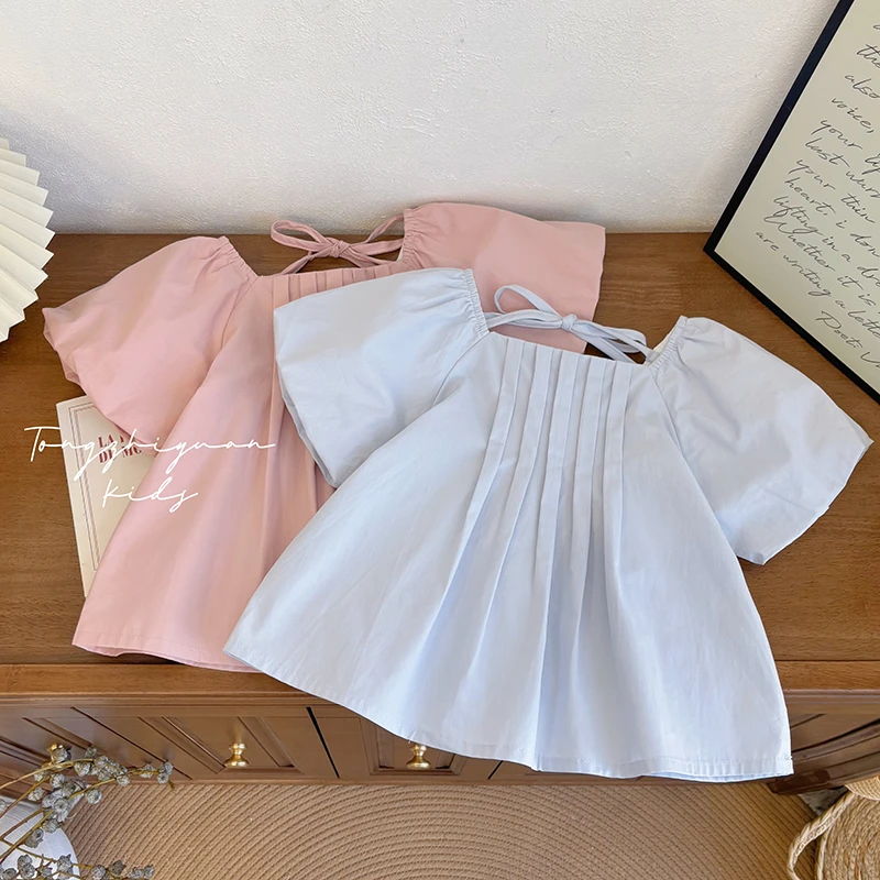 女童夏季新款时洋气两色纯色短袖衬衣女宝宝潮款韩版休闲品质童装