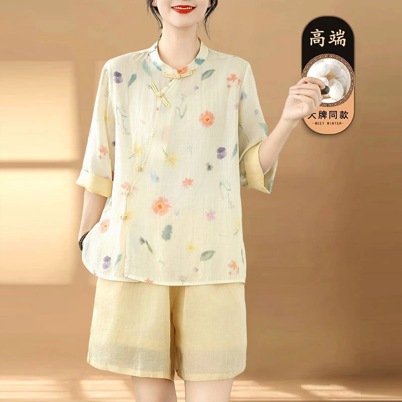 新中式中国风减龄两件套夏季套装国风禅意苎麻小衫洋气妈妈夏装