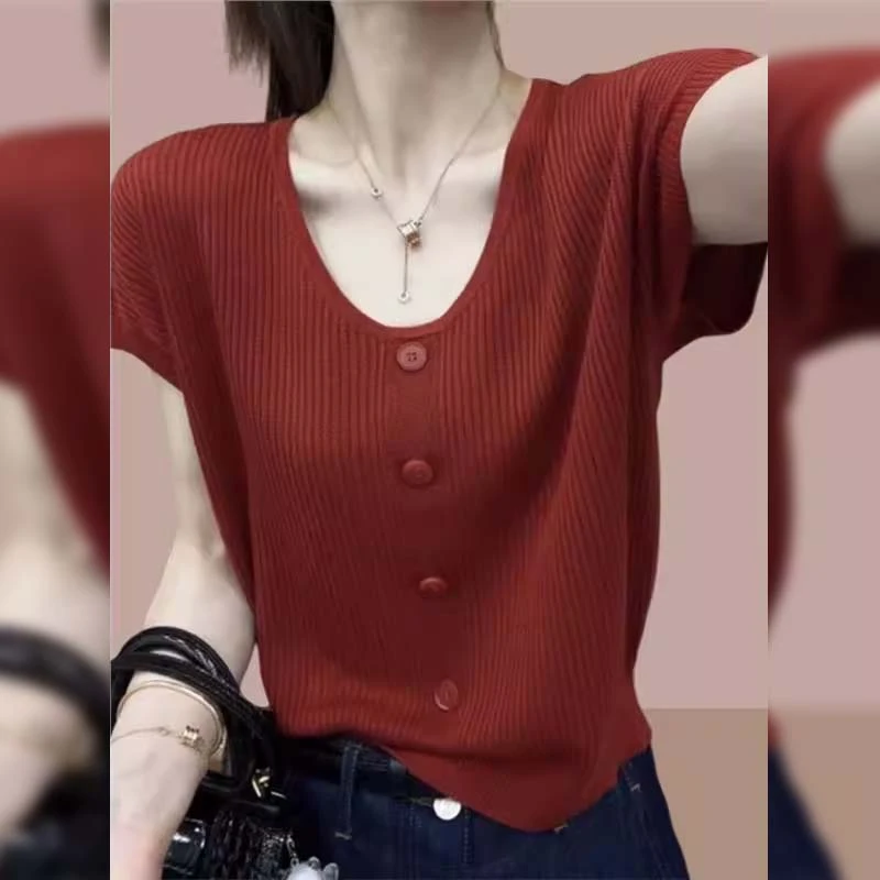 欧货U领短袖针织衫女冰丝上衣洋气2025夏季新款轻熟风时尚打底T恤