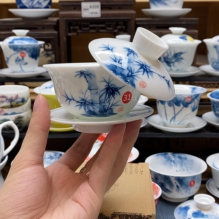 手绘竹子悬停盖碗150cc釉下彩微瑕福利款