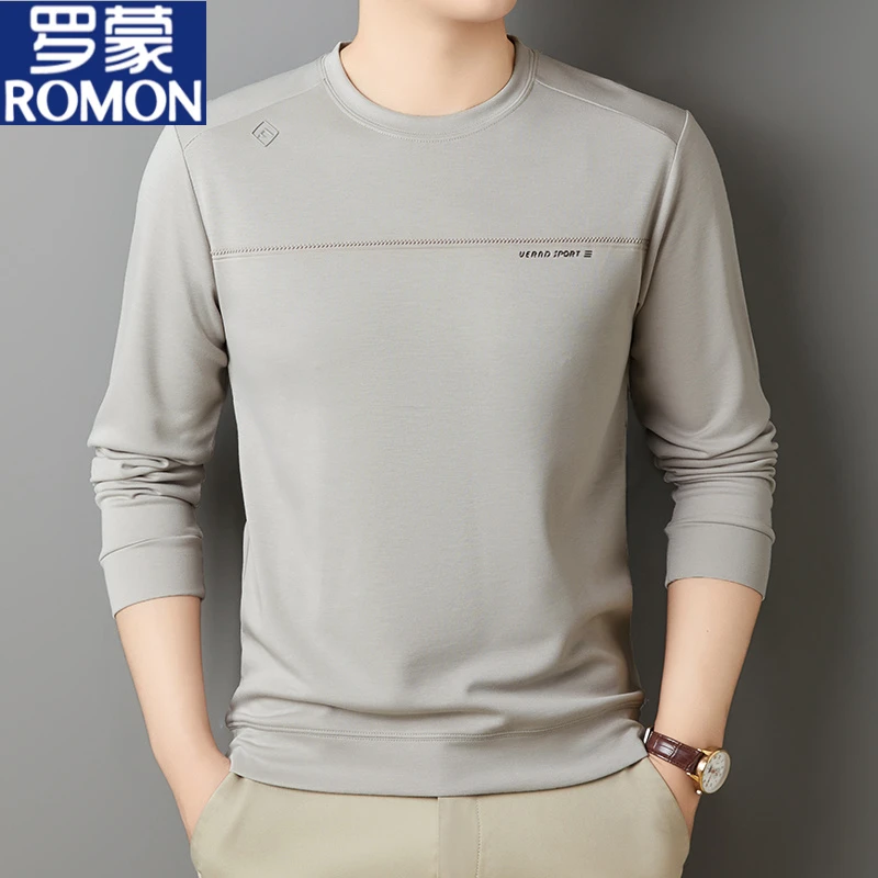 Romon/罗蒙【桑蚕丝+绵羊毛】秋季高档男士时尚百搭圆领长袖卫衣