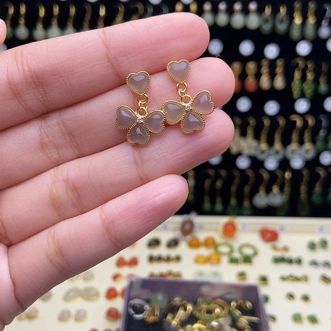 和田玉银S925镀金镶嵌耳饰