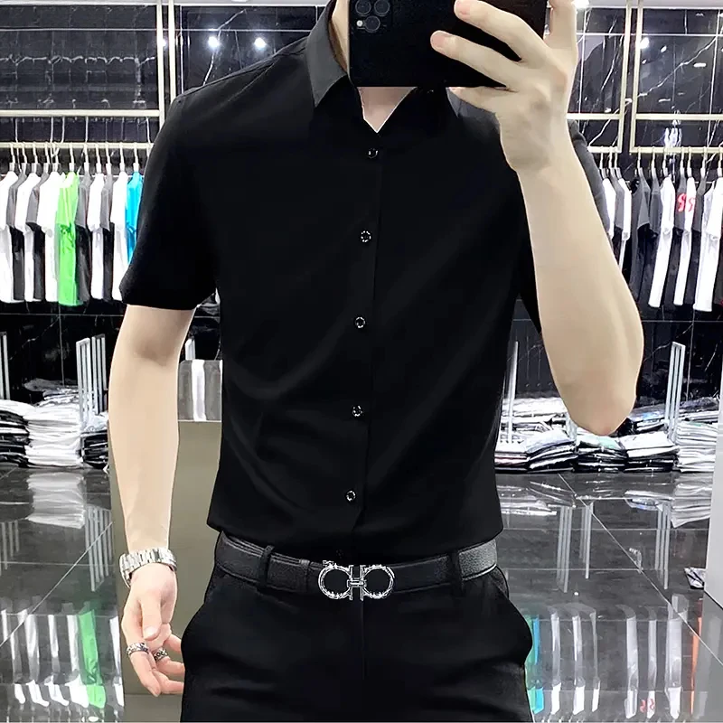 夏季新款免烫抗皱衬衫男士短袖休闲帅气修身黑色衬衣薄款纯色百搭