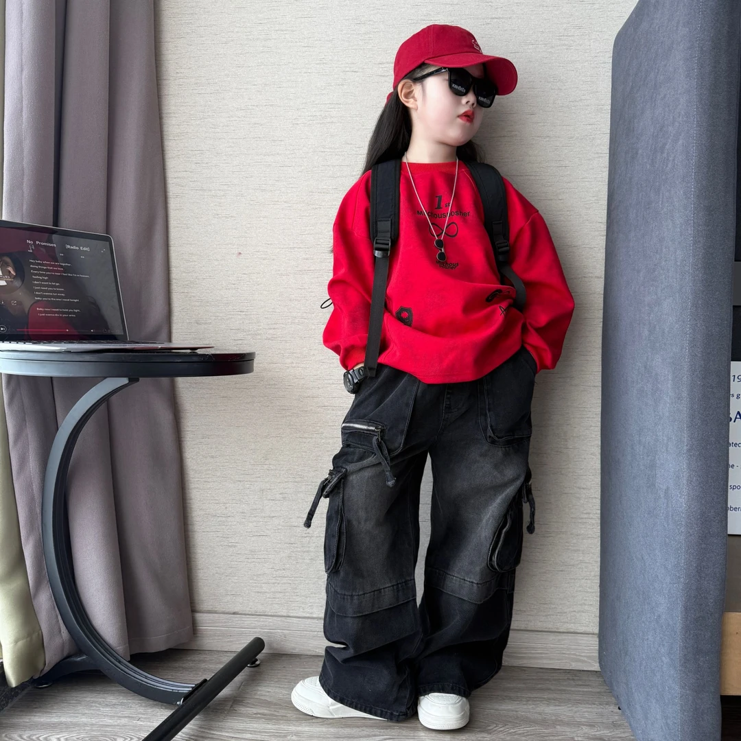男女童秋季痞帅潮酷牛仔工装裤阔腿裤中大童时髦韩版宽松卫衣潮