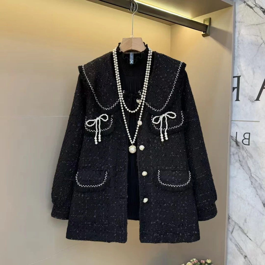 大码2025秋款重工小香风蝴蝶结时尚胖M显瘦韩系百搭薄棉外套88269