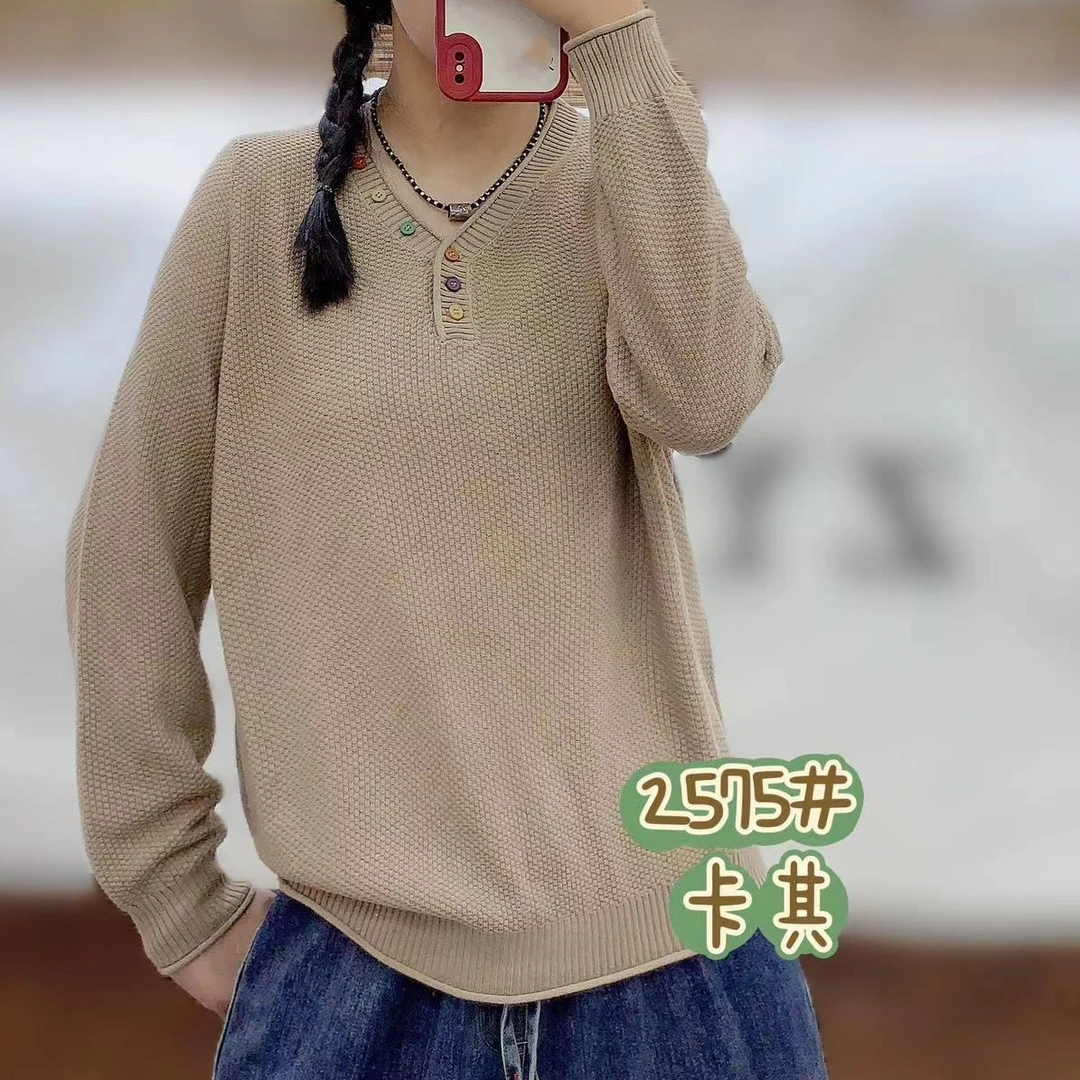 XY2575新款宽松休闲百搭V领扣子针织衫