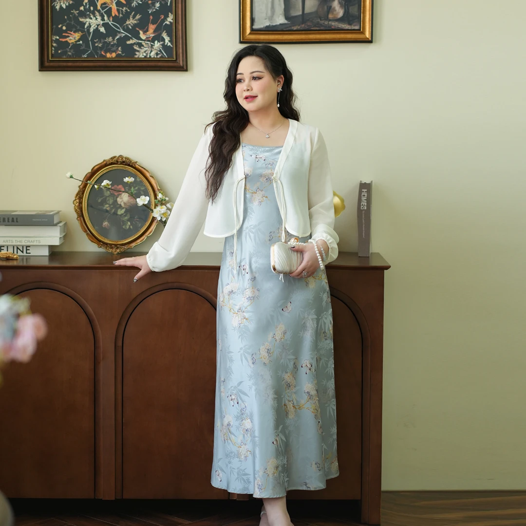 【岁月芳华】大码女装微国风新中式套装夏季防晒开衫女吊带裙两件套