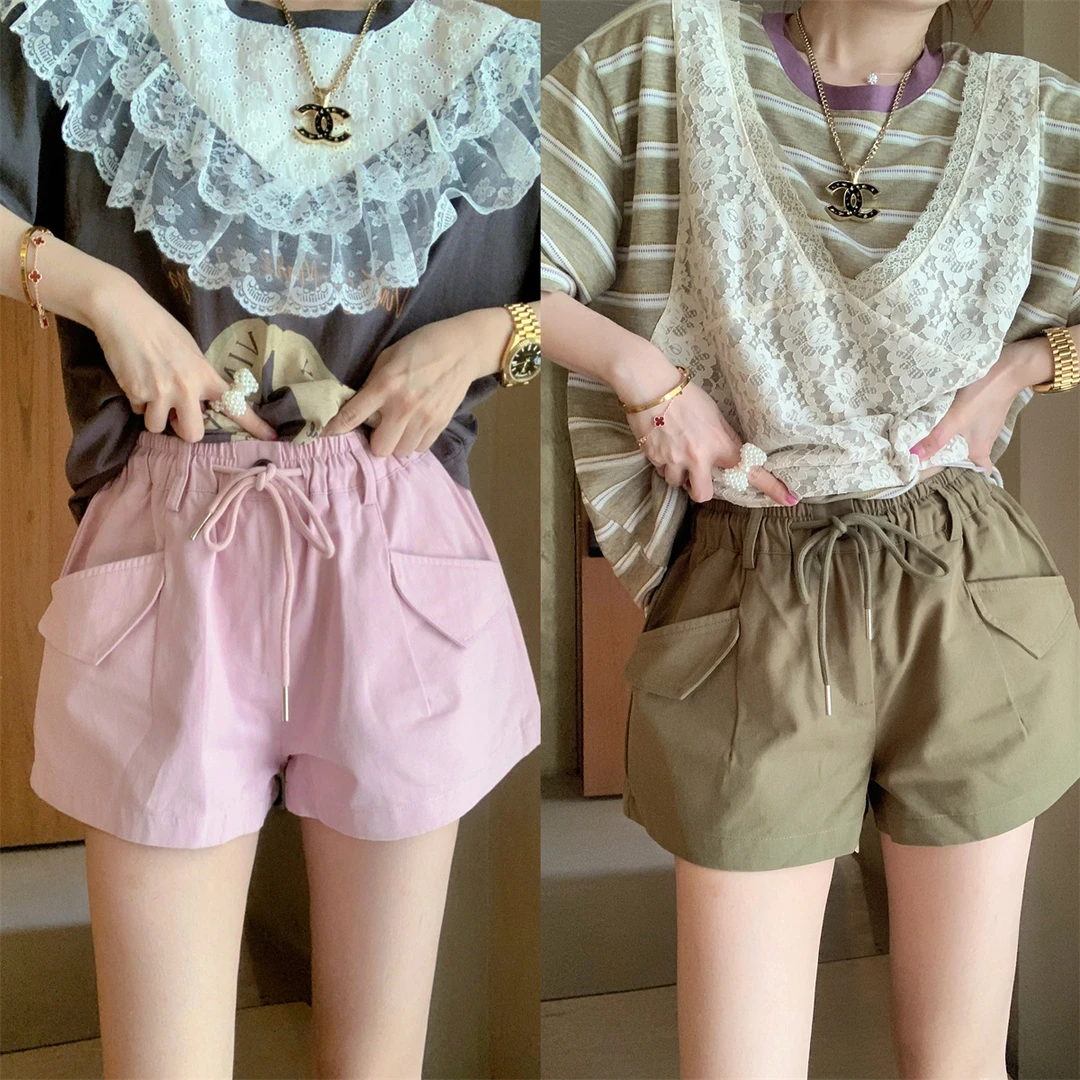 JENNIFER JXLIU韩版 洋气百搭军绿色粉红色松紧腰超短裤工装裤