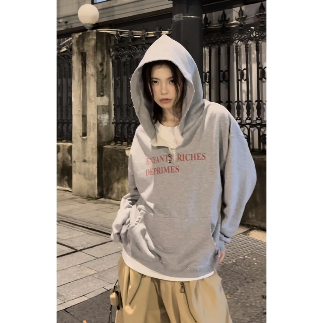 明星同款"忧郁富二代“V领连帽毛圈印花磨破420G重磅百搭情侣卫衣