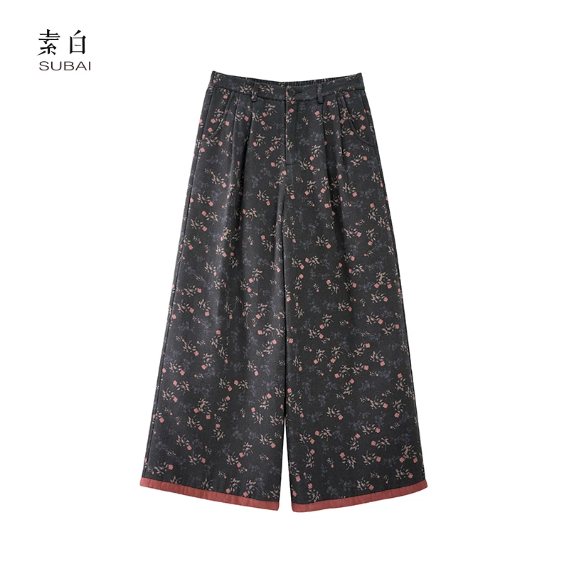 素白【满满】K02122复古文艺直筒碎花撞色拼接加厚保暖棉裤