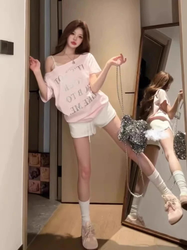 【慵懒绝绝子】韩系气质休闲斜肩显瘦纯欲字母印花T恤减龄百搭上衣