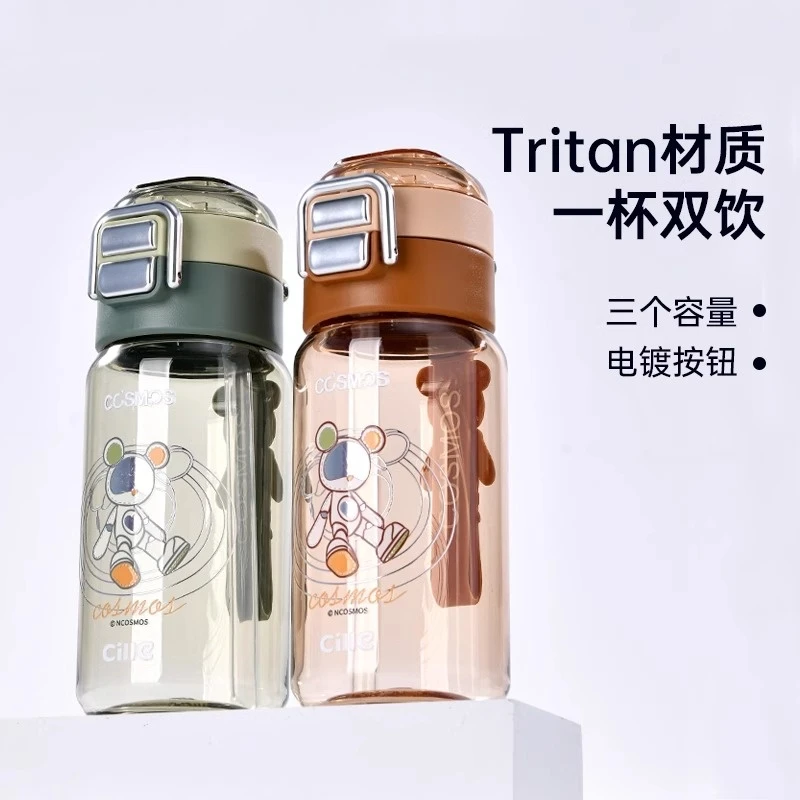希乐星际熊水杯女夏季学生儿童上学吸管杯塑料tritan防摔便携杯子