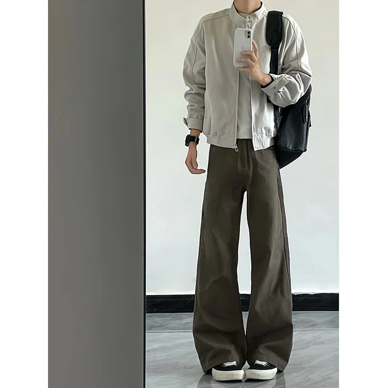 美拉德咖色弯刀牛仔裤男款cleanfit微喇裤子美式高街休闲直筒长裤