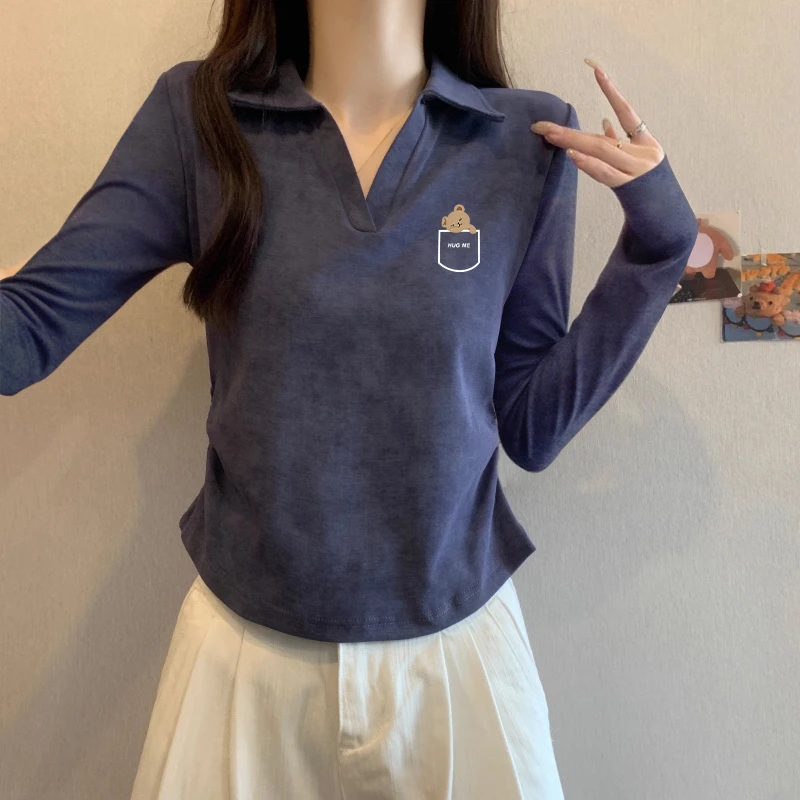 秋季新款polo领纯棉扎染长袖t恤女设计感小众收腰辣妹打底衫上衣