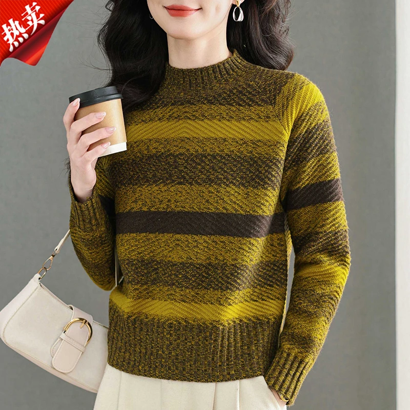 【原版正品】羊毛衫女条纹撞色半高领高级感小个子针织上衣加厚毛衣