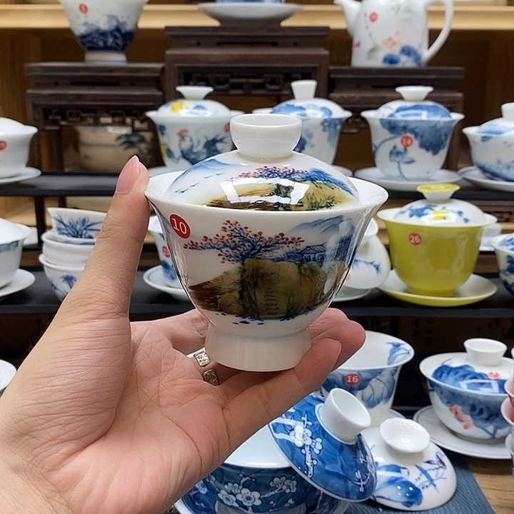 手绘海棠花二才170盖碗釉下彩高温瓷微瑕福利款