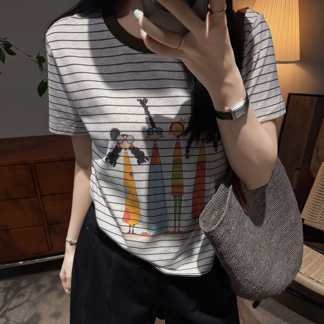 韩系休闲舒适减龄时尚宽松圆领印花条纹短袖T恤女-M25202422