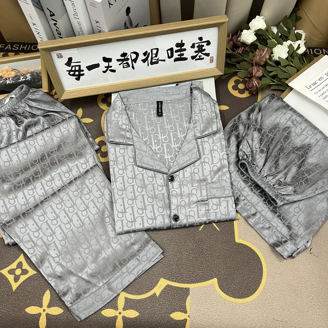 新款缎面柔光软丝短袖短裤长裤夏季三件套睡衣男家居服