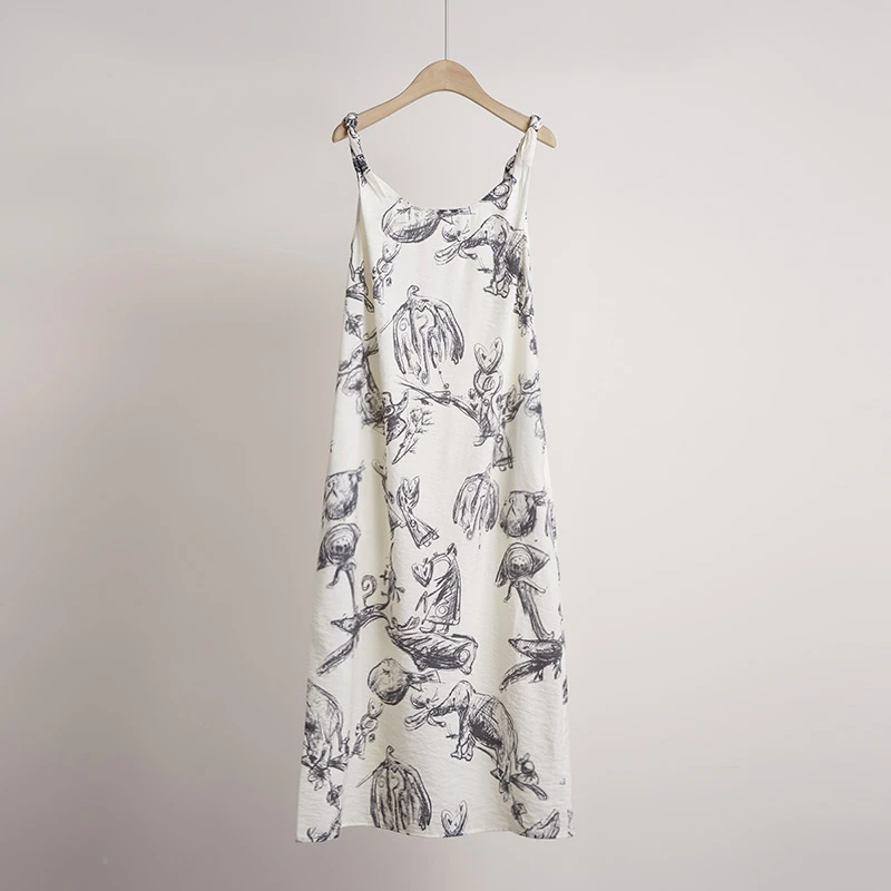 6A特级干丝桑蚕丝dry silk法式度假风手绘印花女士连衣裙（250889）