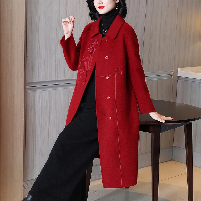 洛玺曼双面骆驼绒羊毛婚礼妈妈红色大衣喜婆婆冬季礼服国风外套女